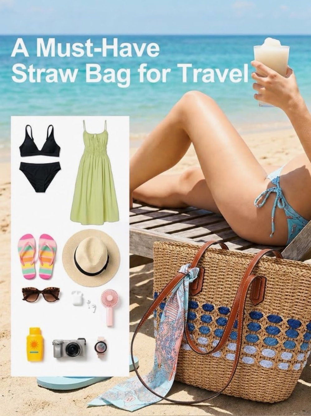 Woven Straw Tote Bag with Blue Accent Stripes Bohemian Beach Shoulder Handbag - Picture 3 of 5